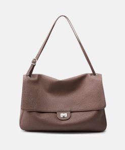 Women's Full-Grain Leather Pebbled Flap Lock Shoulder Bag
