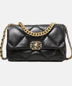 Women's Quilted Genuine Leather Lock Closure Crossbody Chain Bag