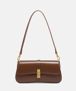 Women's Genuine Leather Lock Buckle Crossbody Shoulder Baguette Bag In Vintage