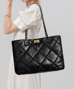 Women's Genuine Leather Quilted Chain Crossbody Shoulder Tote Bag