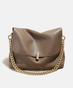 Women's Soft Leather Lock Chain Shoulder Crossbody Bag With Minimalist