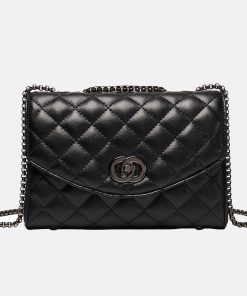 Women's Quilted Genuine Leather Rotating Lock Chain Shoulder Crossbody Bag