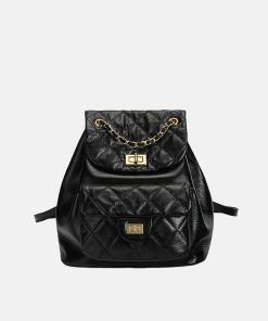 Women's Black Genuine Leather Quilted Backpack Bag