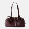 Women's Minimalist Full-Grain Leather Pillow-Shaped Bowling Baguette Shoulder Bag With Zipper Closure
