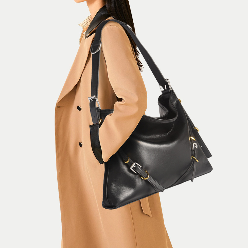 Women's Black Genuine Leather Minimalist Crossbody Shoulder Hobo Bags - Image 4
