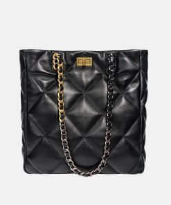 Women's Black Leather Quilted Chain Tote Bag