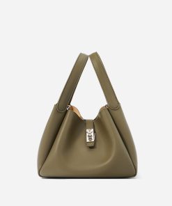 Women's Genuine Leather Minimalist Lock Bucket Bag