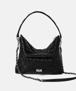 Women's Black Leather Quilted Crossbody Shoulder Hobo Bag