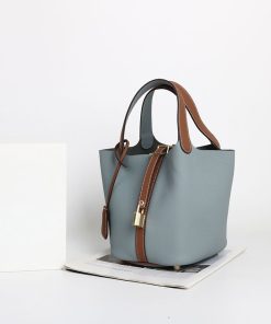 Women's Vintage Top-Grain Leather Bucket Handbag With Lock Closure