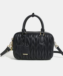 Women's Minimalist Pleated Genuine Leather Boston Handbag