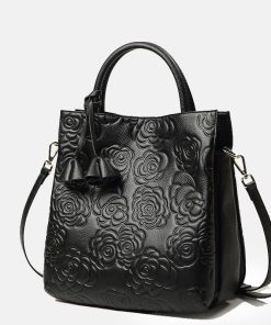 Women's Black Genuine Leather Floral Embossed Crossbody Tote Bag