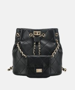 Women's Genuine Leather Quilted Chain Backpack Bucket Bag