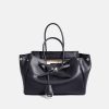 Women's Leather Minimalist Shoulder Tote Bag With Silver Lock Hardware